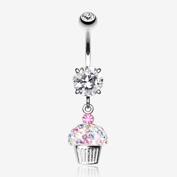 Cupcake Delight Multi-Gem Sparkle Dangle Belly Button Ring-Clear Gem/Rainbow